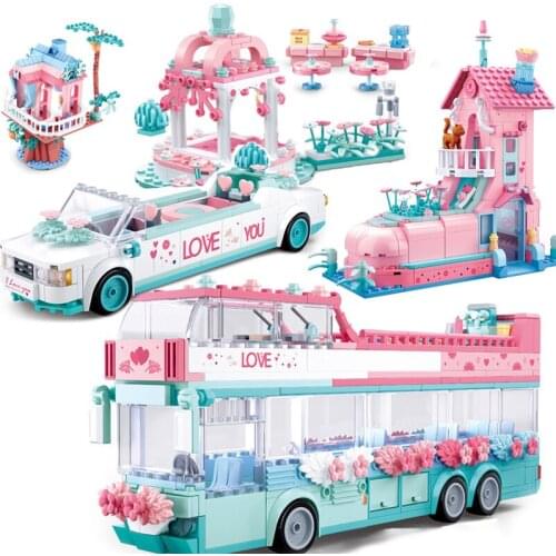 City Friends Pink Car House Bricks Set Girls Princess Prince Romantic Wedding Party Dream Amusement Park Building Block Toy Gift