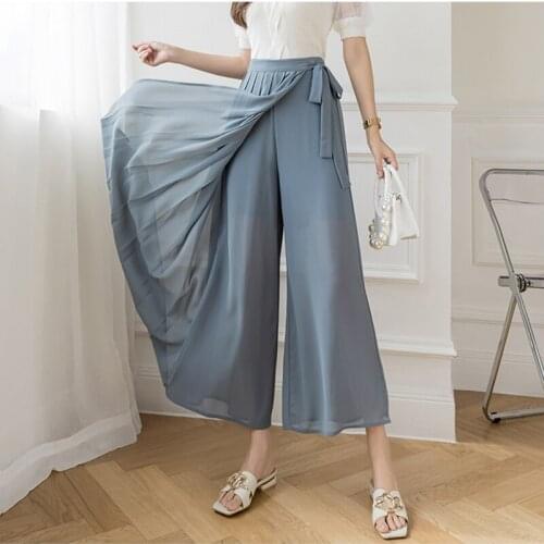 2021 New Style Women Spring Summer Korean Pleated Chiffon Trousers Fitness High Waist Pants Hakama Casual Wide Leg Pantalones