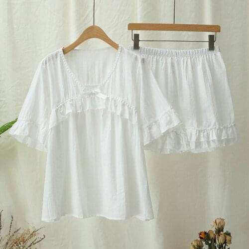 New Girls Kawaii Pajamas Set Sweet Palace Nightgowns Vintage Short Sleeve Solid Color Sleepwear Women Lounge Loose Homewear