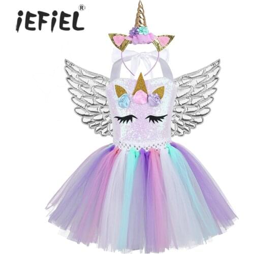 Kids Girls Cartoon Flowers Shiny Sequins Mesh Tutu Dress with Hair Hoop Wings Halloween Cosplay Fairy Fancy Party Costumes
