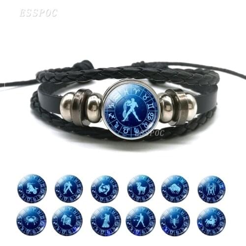 Zodiac Sign Woven Bracelet Leo Virgo Libra Scorpio 12 Constellation Punk Braided Leather Bracelet Birthday Gift for Women Men