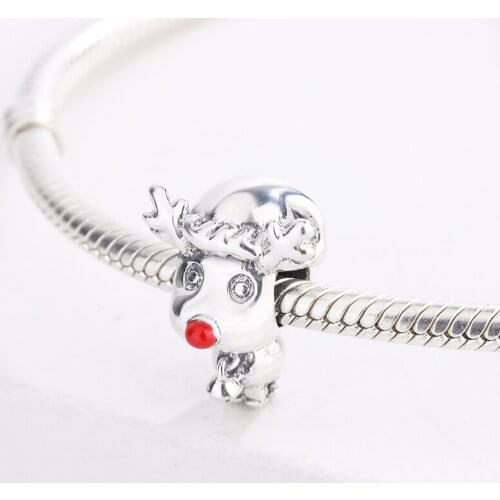 925 Sterling Silver Christmas Enamel Red Nose Reindeer Pendant Charm Bracelet Fashion Jewelry DIY Making For Pandora