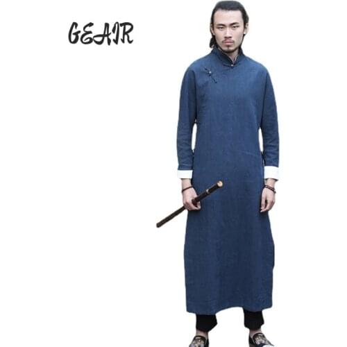Tang Suit Long Shirt Mens Cotton Linen Retro Copper Buckle Tai Chi Kongfu House Robe Opper Buckle Shirt Islamic Clothing Men