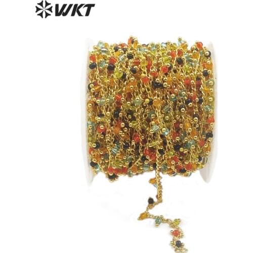 WT-RBC128 WKT Multi Colors Crystal Beads In Gold Electroplated Wire Wrapped 3mm Tiny Bead Rosary Chain For Women Stylish Jewelry