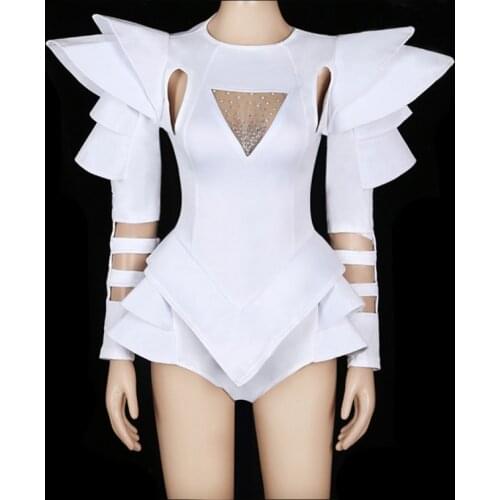 Women Dance Team Jazz HIP HOP Show Stage Outfit Fluorescence Yellow/White Crystals Hollow Out Bodysuit Nightclub Dance Costumes