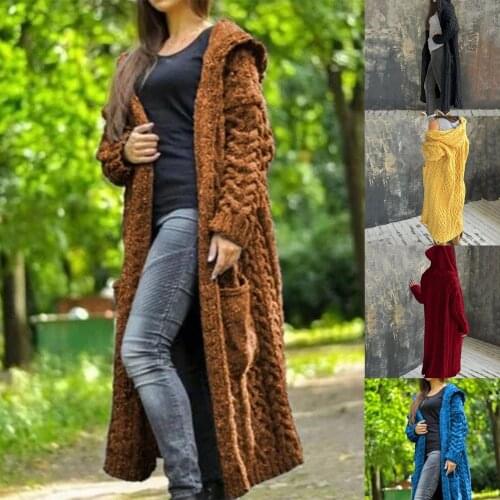 2020 Winter Autumn Women Braid Knit Cardigan Hooded Sweater Coat with Pockets Solid Color Long Sleeve Overcoat Female Outwear