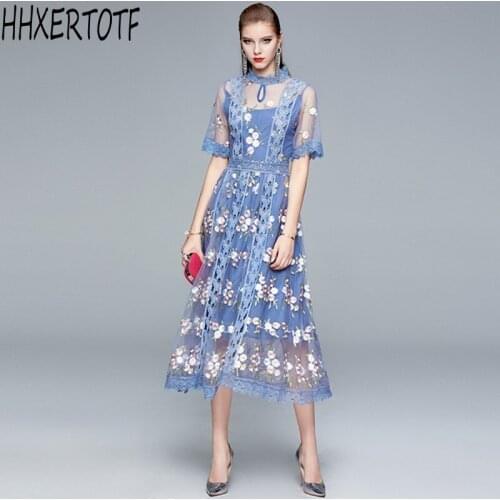 2020 Summer Fashion Runway Embroidered Mesh Dress Robe Womens Stand Stand Collar Flare Sleeve Lace Long Dress Vestidos
