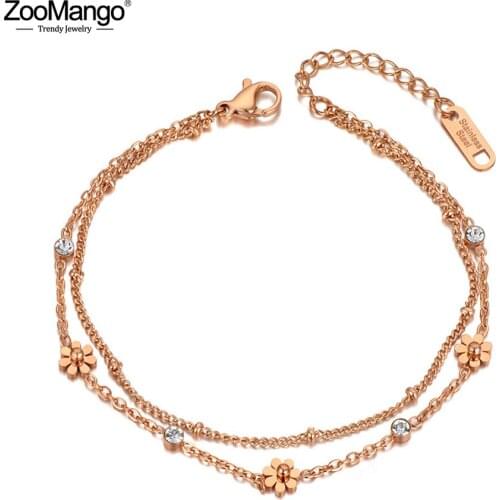 ZooMango Fashion Titanium Steel Small Daisies Charm Bracelets For Women Double Layer CZ Crystal Beach Bracelet Jewelry ZB20079