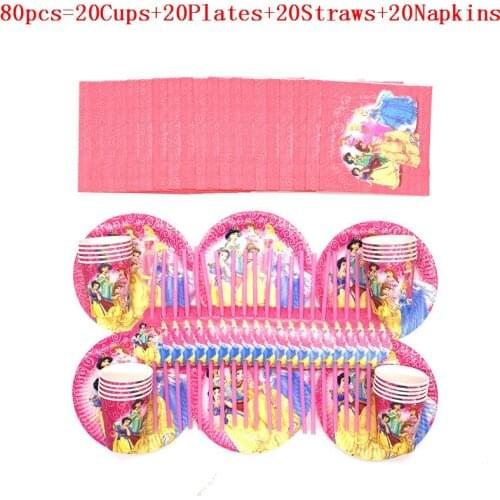 80pcs/50pcs Cartoon Theme Six princesses Party Girl Kids Birthday Paper Cups+Plates+Napkin+Straws Birthday Family Party Supplies