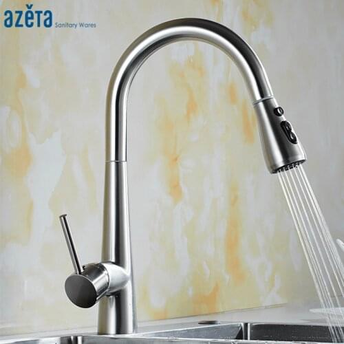 Azeta Pull Out Kitchen Faucet Brass Brushed Nickel Kitchen Water Mixer Switchable Spray Nozzle Kitchen Sink Taps AT9408BN