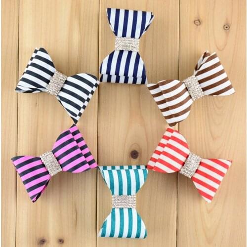 60pcs/lot 3.2" Newborn Luxe pin-striped Hair Bows Handmade Hard Satin Bowknot with rhinestone button girls Hair Accessories HDJ4