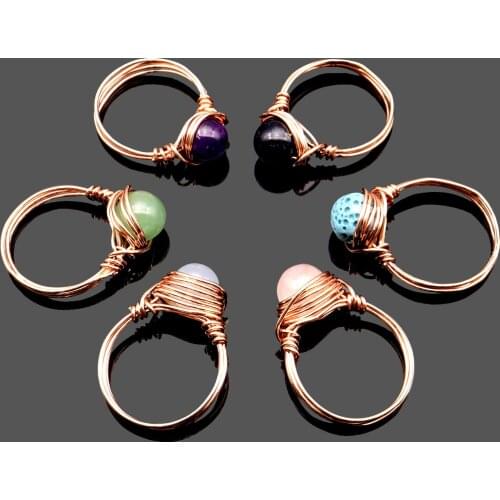 Healing Reiki Rings Golden Wire Wrap Natural Round Bead Rose Quartz Crystal Stone Handmade Rings DIY Retro Women Jewelry