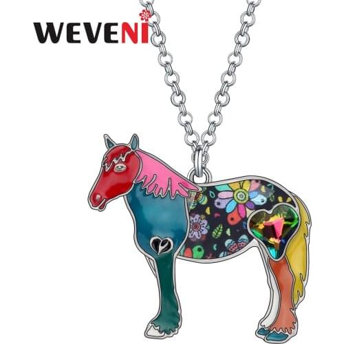 Weveni Floral Enamel Alloy Standing Ponies Horse Necklace Animal Pendant Jewelry For Women Kids Teens Fashion Party Accessories