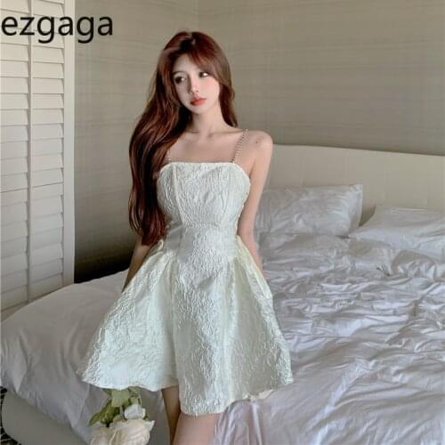 Ezgaga Sexy Spaghetti Strap Dress Women French Style Floral High Waist Elegant Dress Bandage Fairy Summer New Female Fashion