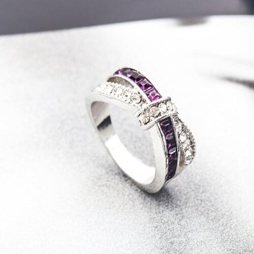 Purple Clear Little Crystal Double Bands Crossed Twinkling Round Knot Elegant Silver Plated Rings For Women