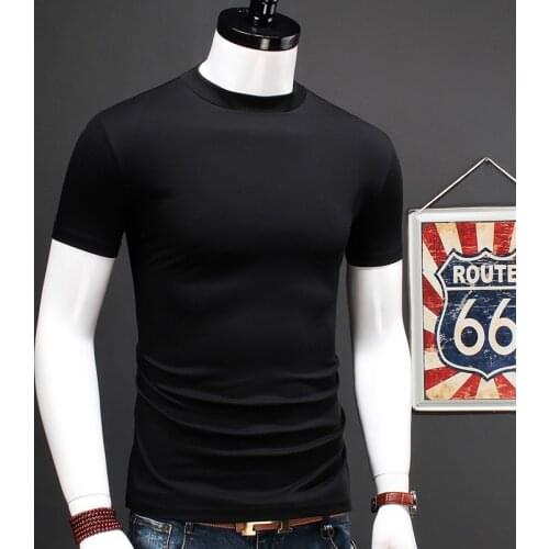 Summer Men Little Turtleneck Short Sleeve T-shirt Double Mercerized Cotton Slim Fit Fashion Solid Black T Shirt