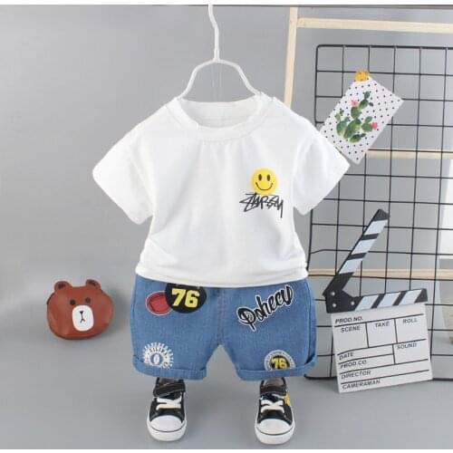 New Children Clothing Sets Summer Baby Boys Casual Outfit Smiley Face Print T-Shirt +Denim Letter Shorts Infant Casual Clothes