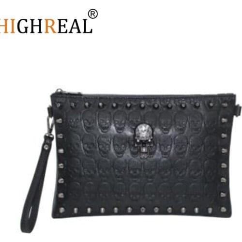 HIGHREAL Hot Male Rivets Handbag Men Skull Clutch Envelope Handbag Casual Purse Bag for Girls Shoulder Bag Women-Bag