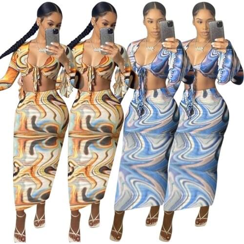 Fashion Streetwear Print Ruffles Dress Set 2 Piece Outfits Sexy Flare Sleeve Lace Up Crop Top + Long Skirts Matching Set Suits