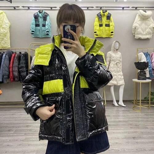 2021 Winter New Bright Leather Women Thicken Puffer Jackets Female White Duck Down Coats Waterproof Hooded Parkas Ladies Outwear