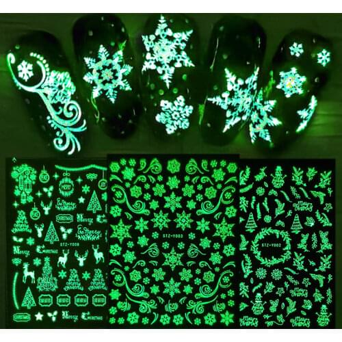 1 pcs 5D Luminous Nail Stickers Winter New Year Slider Wraps Decoration Glowing in The Dark Nail Art Decals LASTZY001-009