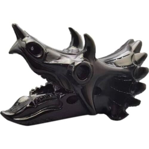 Natural Obsidian Triceratops Skull Figurine Hand Caved Quartz Skull Halloween Gift Healing Crystal Stone Crafts Home Decoration
