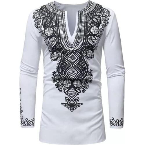 2 Colors Adult Men Spring & Autumn African Wear Dashiki Print Split Neck Full Sleeves Clothes Slim Pullover Shirt Top For Male