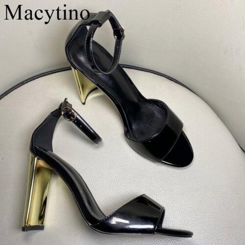 Newest Luxury brand women sandals Black Patent Leather Shoes Open Toe Ankle Strap Blade Heel Sandals Real Pictures