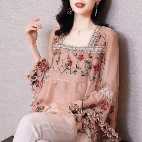 Silk and linen chiffon shirt womens 2021 early spring new loose small shirt embroidery very fairy blouse Butterfly Sleeve