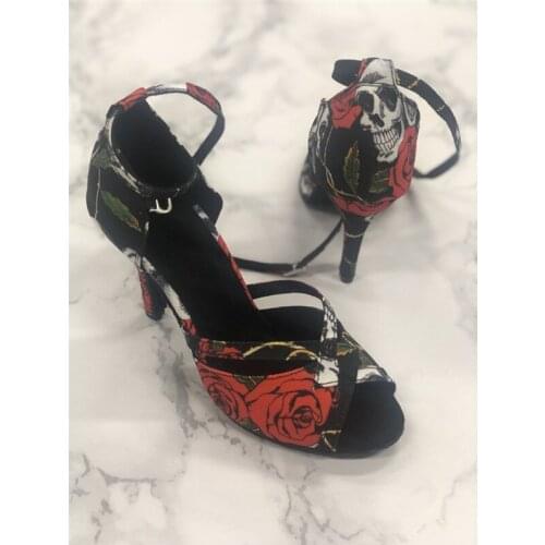 2021 Spring Summer Style Women Latin Dance Shoes Salsa Bachata Dance Shoes Girls Halloween Skull Latin Dance Shoes 9cm Heel