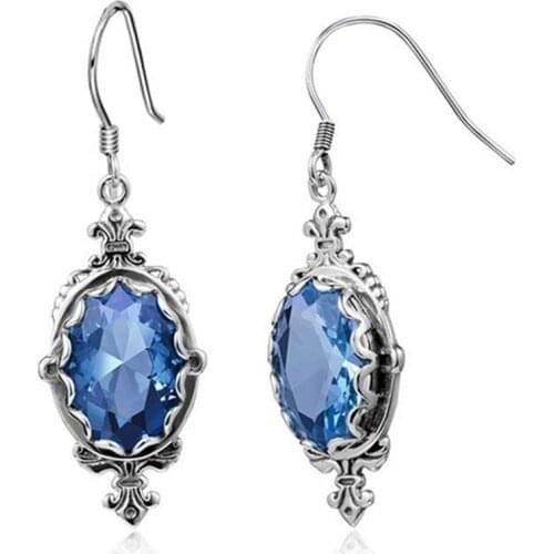 Ethnic Style Ladies Womens Silver Color Blue Oval Crystal Rhinestone Zircon Metal Dangle Earrings for Party Jewelry