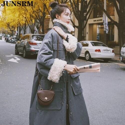 Oversized Stand Collar Slim Waist Jacket Women Winter Lamb Wool Liner Thicken Long Parka Full Sleeve Big Pocket Coat Overcoat