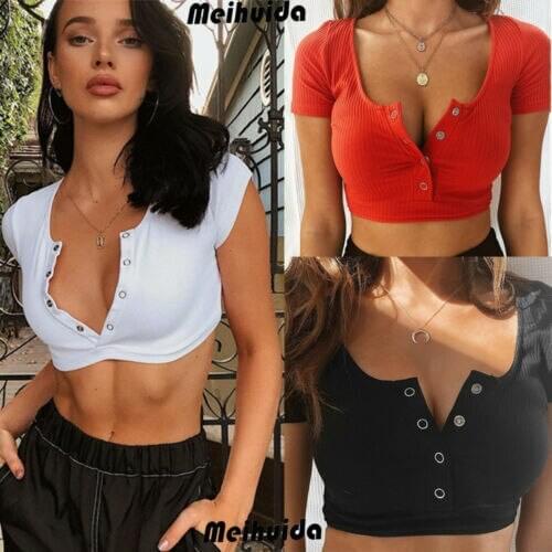 Hot Womens Sexy Cotton Knitted Tanks Tees Crop Tops Ladies Summer V-Neck Short Sleeve Camis Bralette Bandeau Clubwear