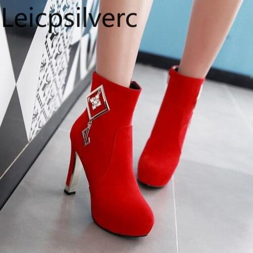 Womens Boots winter New fashion Crystal Metal Decoration Round head zipper High heel Short tube Womens shoes plus size 33-43