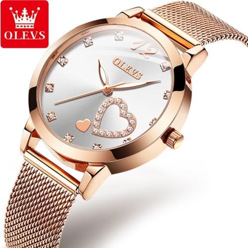 OLEVS Women Watches Luxury Brand Love Heart Quartz Watch Ladies Mesh Stainless Steel Waterproof Gift reloj muje+Box