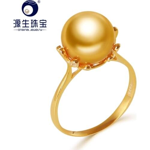 YS 10-11mm Natural Gold South Sea Cultured Pearl Ring 925 Sterling Silver For Women Fine Jewelry