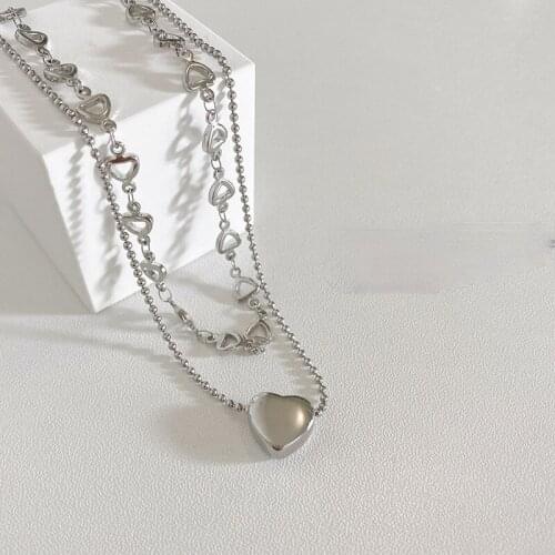 Origin Summer Sweet Stainless Steel Love Heart Pendant Necklace for Women Double-Layer Hollow Metal Round Chain Necklace Jewelry