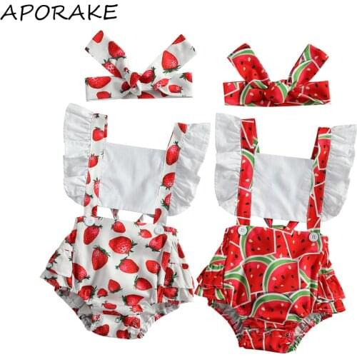 2021 0-24M Toddler Baby Fruit Printing Two-pieces Set Summer Infant Girls Square Collar Flying Sleeve Hollow Romper+Headband