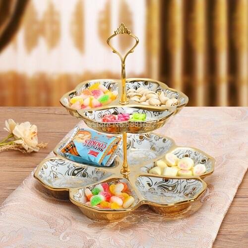 European Ceramic Inlaid with Gold Fruit Cake Plate Double Caramel Dessert Dishes Ceramic Screen Plate Tang Guopan Fruit Tray