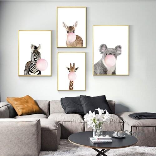 A Group of Animals Canvas Painting Wall Art Posters And Prints Funny Zebra Koala Bubble Gum for Nordic Kids Room Home Decorativo