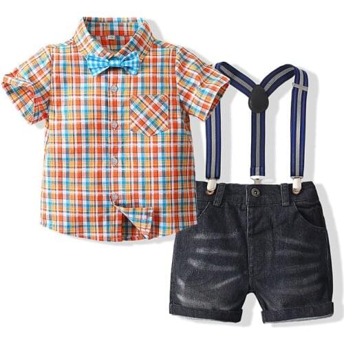 Toddler Kids Clothes 2 3 4 5 6 Years Boys Set Children Short Sleeve Shirt Suspender Bow Tie Shorts Kids Casual Suits Plaid