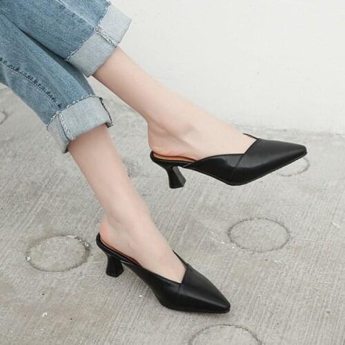 Summer New Fashion Half Slippers Middle Heel Retro Sandals Slippers Bow Heel Simple Simple Plus Size Womens Shoes