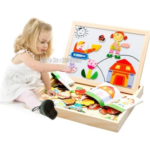 Multifunctional educational farm jungle animal wooden magnetic puzzle children kids jigsaw babys drawing easel board Toy