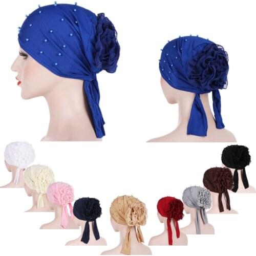 Fashion ladys Headcloth Beaded Solid Color Big Flower Turban Cap Bandana Hats Muslim Women Caps Indian Hat Chemo Cap Bonnet
