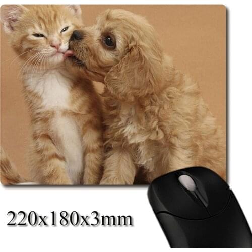 Puppy licking kitty animal friendship printed Heavy weaving anti-slip rubber pad office mouse pad Coaster Party favor gifts
