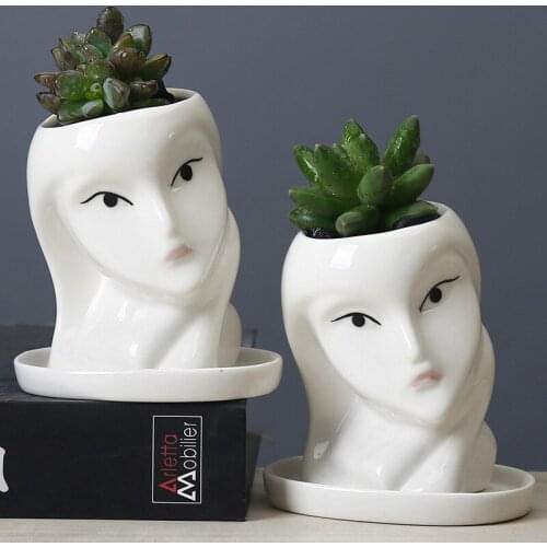 Nordic Creative Girl Face Art Flower Pot Sculpture Decoration Ceramic Succulent Plant Pots Ornaments Home Decoration Accessories