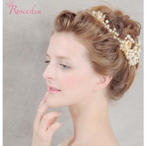 Bridal Wedding Party Gold Plat Royal Hair Jewelry Pearl Headbands Flower Head Piece Bride Tiaras Wedding Hair Accessories RE586
