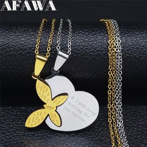 2PCS Butterfly Heart Love Stainless Steel Couple Necklace Women/Men Gold Silver Color Jewelry cadenas de acero inoxidab NXS01