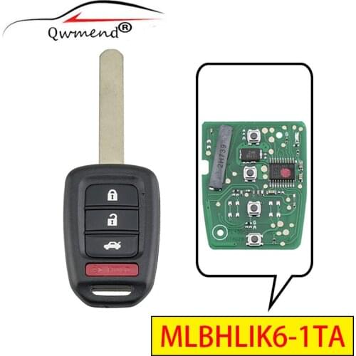 QWMEND Remote Car Key for Honda Accord CR-V CIVIC 2016-2017 for Honda Key Fob 433mhz 47 Chip 3+1 4 Buttons MLBHLIK6-1TA