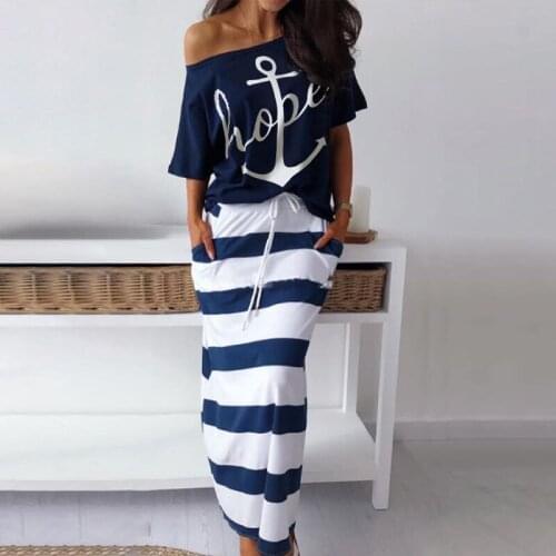 STYLISH LADY Boat Anchor Printed 2 Piece Set 2020 Summer Women Off the Shoulder T Shirt and Striped Long Skirt Set Casual Outfit